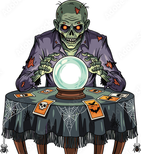 Zombie fortune teller with crystal ball, cartoon undead character, spooky Halloween scene, horror tarot setup, creepy mystical illustration, eerie magic table