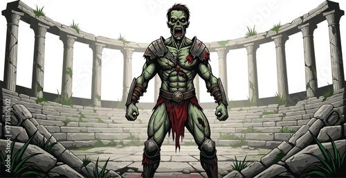 Zombie gladiator vector, horror warrior character, ancient coliseum battle scene, spooky undead fighter, fantasy arena illustration, scary mythological combat theme