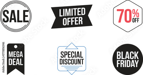 Modern Sale and Black Friday Labels Vector Set, Discount Badges and Promotion Signs for Marketing and Online Shopping Design