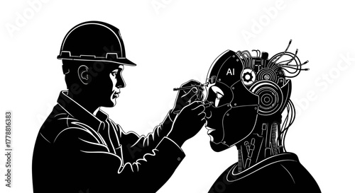 Craftsman meticulously assembling advanced AI robot with precision tools, showcasing future technology and engineering innovation in striking monochrome design