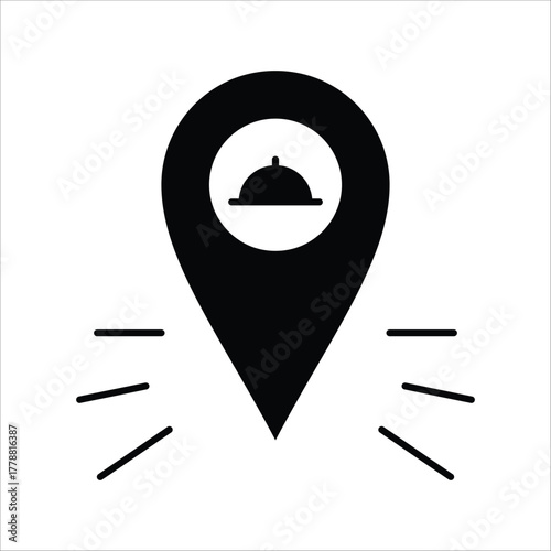 Modern black map pin with a cloche symbol, representing a restaurant location or food service discovery. Ideal for mobile apps and navigation interfaces