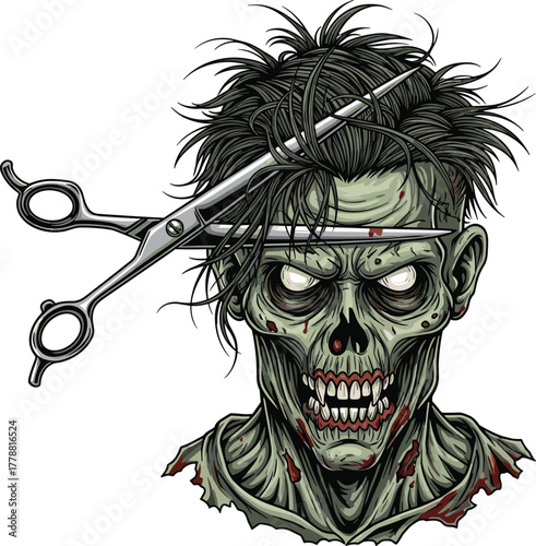 Zombie head with embedded scissors illustration, undead grooming horror, creepy haircut concept, decayed face art, eerie barber theme, dark surreal design, Halloween vector