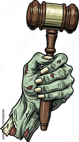 Zombie hand holding gavel illustration, undead justice concept, horror legal symbol, creepy courtroom theme, decayed authority figure, eerie law art, dark judgment design