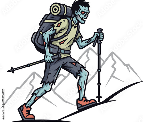 Zombie hiker, cartoon character, horror outdoor theme, undead trekker, mountain trail, hiking poles, backpack gear, vector illustration, eerie design, creepy adventure scene