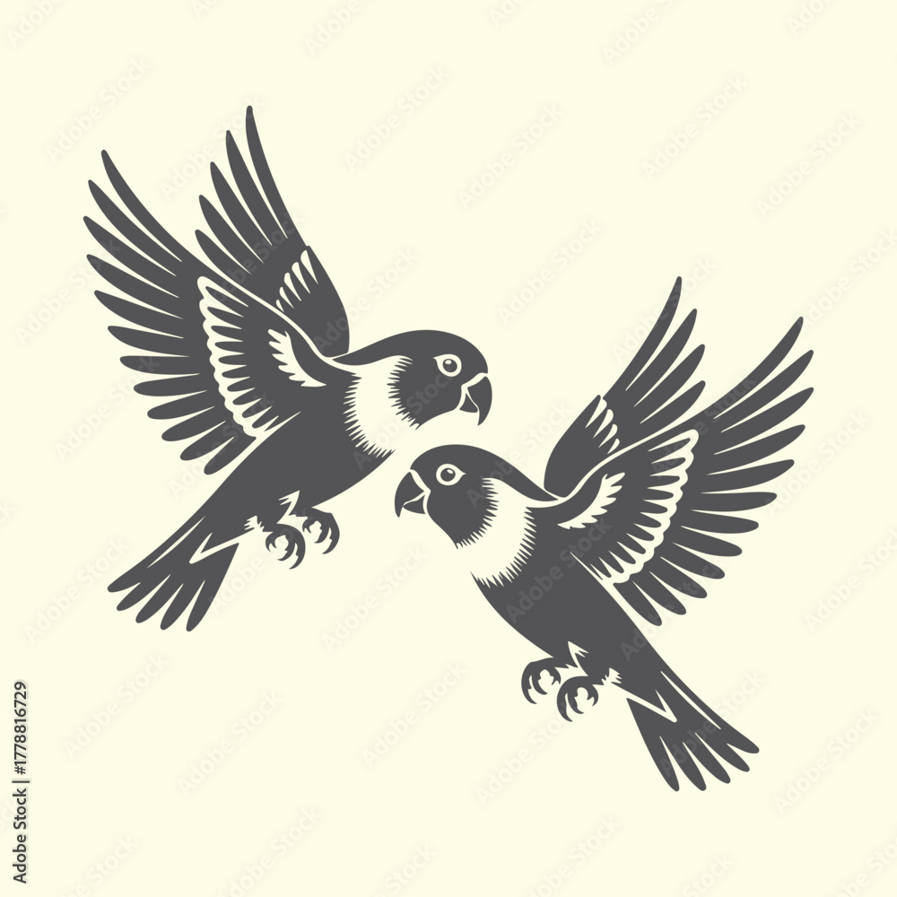 Fototapeta premium Two grey parrots in flight with wings spread birds