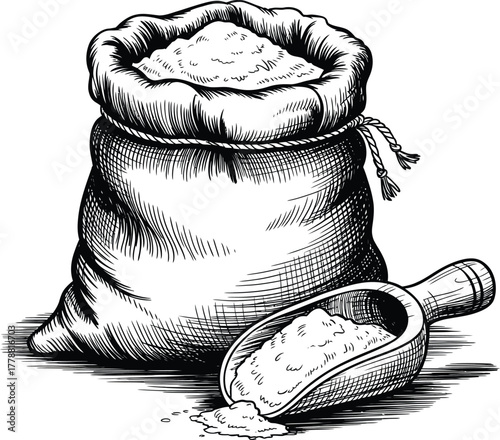 Hand-Drawn Bag of Flour with Scoop Illustration, Vintage Culinary Ingredient Sketch for Kitchen Design