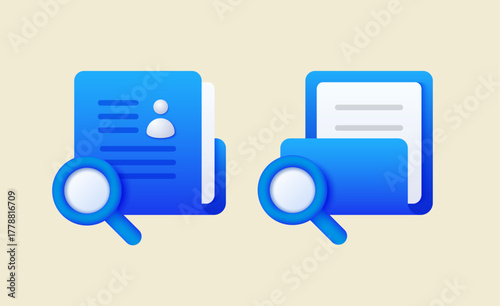 User folder with documents and a magnifying glass for searching, isolated on a light background.