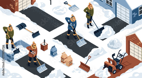 Winter snow removal isometric scene with people shoveling and clearing driveways