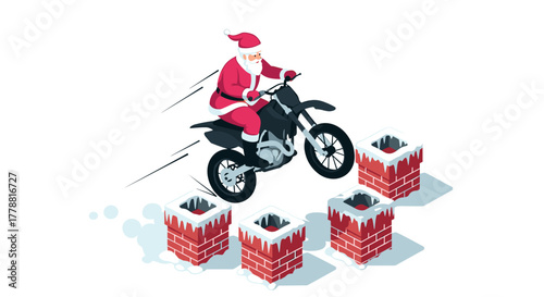 Santa riding motorcycle over chimneys in whimsical holiday scene