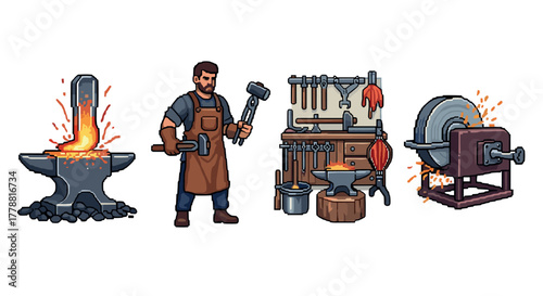 Pixel art blacksmith workshop with tools and anvil