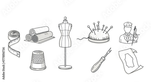 Sewing tools vintage line art of dressmaker essentials