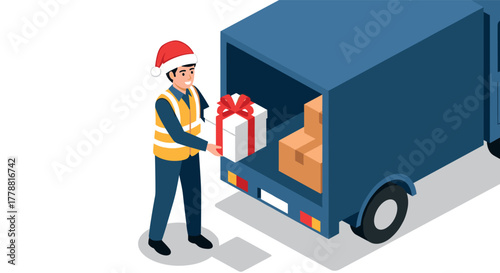 Holiday delivery with worker loading gift box into truck in isometric style