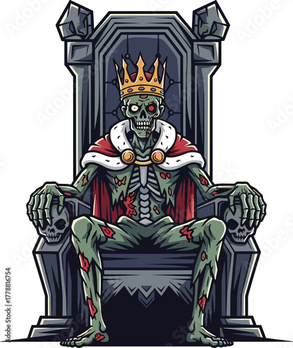 Zombie king on throne, undead royal character, horror skeleton art, decayed monarch illustration, creepy crown figure, eerie gothic theme, dark fantasy concept