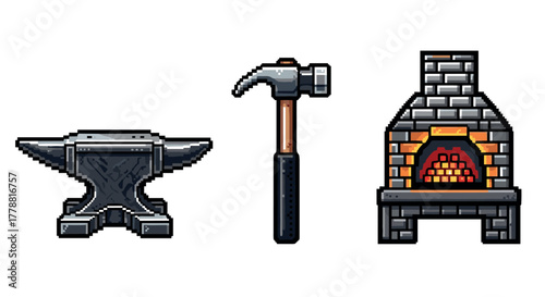 Pixel art blacksmith forge with anvil, hammer, and fireplace icons