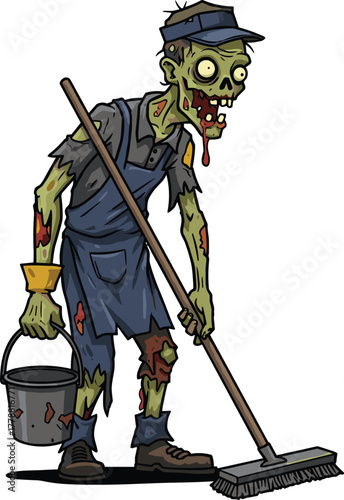 Zombie janitor character, cartoon undead cleaner, horror-themed sanitation worker, funny monster illustration, spooky maintenance crew, Halloween vector art, creepy mop guy