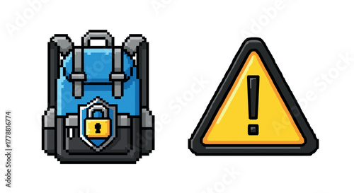 Pixel art backpack security alert with lock and caution sign