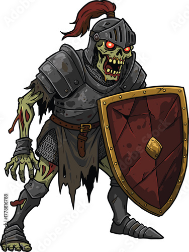 Zombie knight, undead warrior character, horror medieval fighter with shield, creepy battle theme, Halloween vector, scary fantasy soldier, cartoon zombie illustration