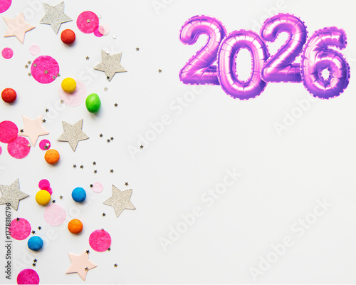 Happy New Year 2026 with multicolor confetti on white background
