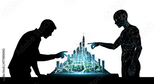 Futuristic city planning with human and AI collaboration for smart urban development and technological innovation, showcasing future possibilities