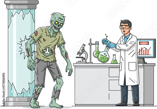 Zombie lab experiment vector, cartoon undead escaping containment chamber, horror scientist illustration, Halloween science fiction scene, scary bioengineering research setup