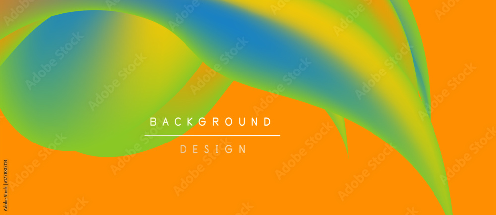 Obraz premium Abstract fluid shapes blend vibrant colors. Orange dominates background, creating dynamic visual effect. Text reads background design.