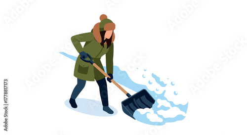 Person shoveling snow in winter attire with green parka and gloves