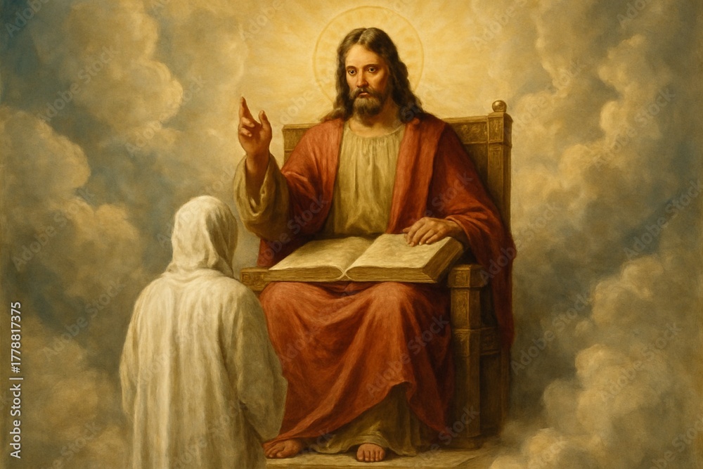 Fototapeta premium Jesus sits on the throne in heaven as a judge and there person in front of him in white garments.
