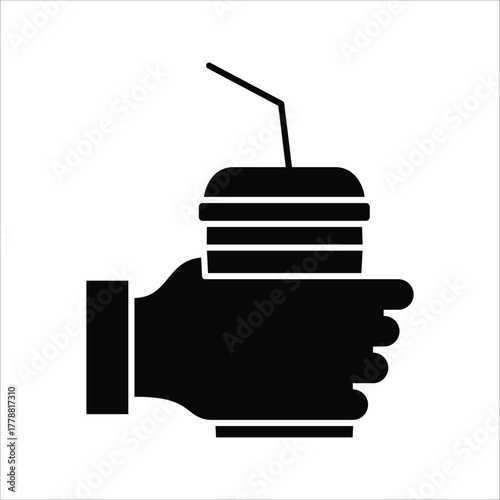 Graphic silhouette of a hand presenting a refreshing beverage in a disposable cup with a straw, symbolizing quick service, delivery, and convenient refreshment on the go