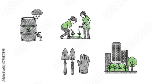 Ecofriendly gardening concepts with line art urban farming, water conservation, sustainable planting