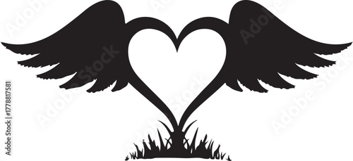 Black heart with wings and grass silhouette love romance