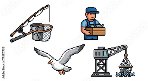 Pixel art fishing tools, seagull, fisherman, and dock crane