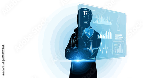 Modern doctor analyzing patient data with advanced technology interface for innovative healthcare solutions and medical research in hospitals and clinics