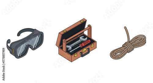 Isometric tool kit with goggles, wrench set, and coiled rope