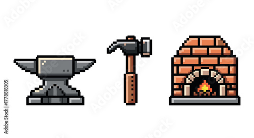Pixel art tools and forge anvil, hammer, and brick oven with fire