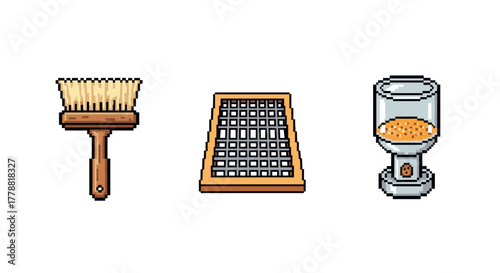 Pixel art tools paint brush, sifter, coffee grinder