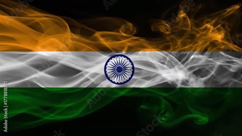 Abstract representation of a flag with three colors & chakra, smoke-like design