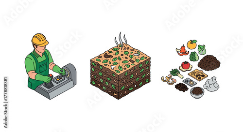 Isometric composting process key elements and operator control panel overview