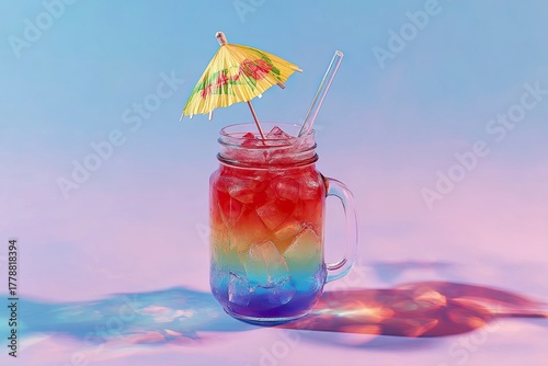 Layered rainbow summer beverage in mason jar