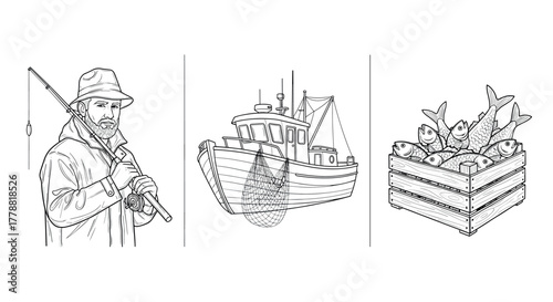 Set of fishing elements fisherman, trawler, and fish crate in linear style
