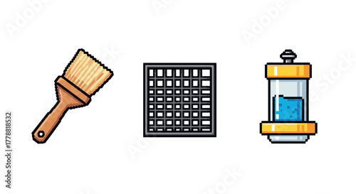 Colorful pixel art brush, grid, and energy capsule icons on white background