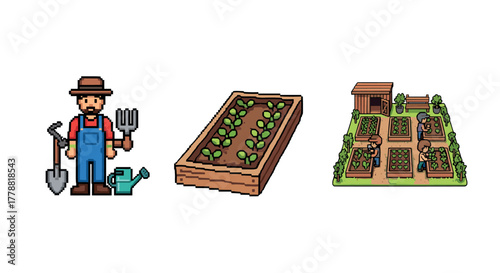 Pixel art farmer gardening with tools and raised beds