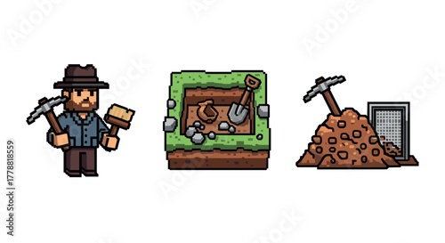 Pixel art miner with tools and excavation scene in retro game style