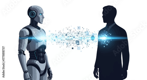 Futuristic technology meeting human intellect with digital connection, explore AI's potential in business solutions, seamless integration, modern innovation
