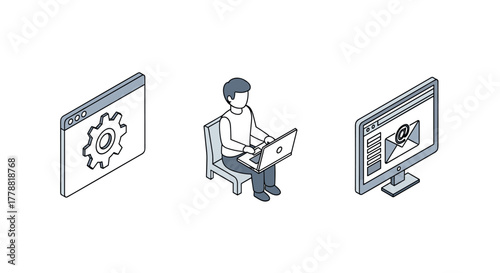 Isometric technology icons gear, person with laptop, email notification