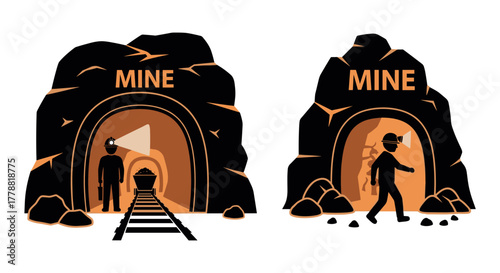 Mining exploration silhouette workers and tunnels in ore extraction process