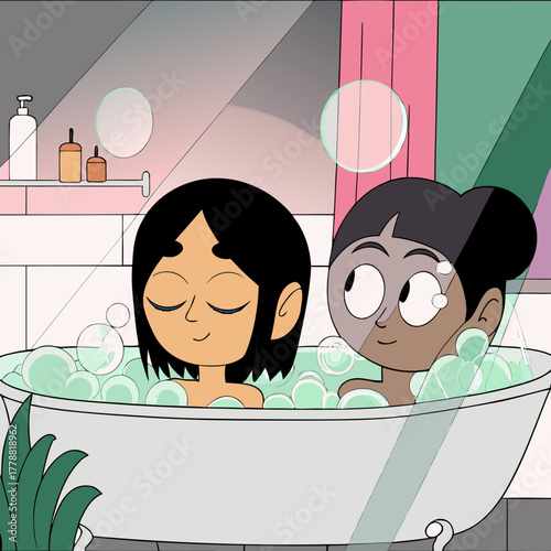 Two women relaxing in a bathtub filled with bubbles in a bathroom  