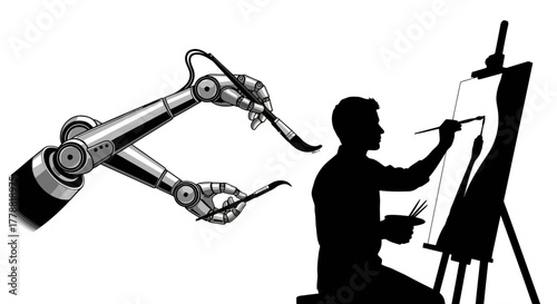 Futuristic collaboration: AI art creation with robotic arms assisting human artist in a studio, blending technology and creativity for innovative designs