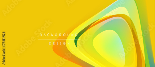 Bright yellow backdrop features flowing, layered shapes. Gradient colors blend orange, green, turquoise. Modern design element.