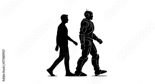 Human transformation concept with silhouette of man walking into robotic futuristic figure, representing technology advancement and the future of humanity