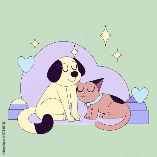 Cute dog and cat cuddling together on pastel background